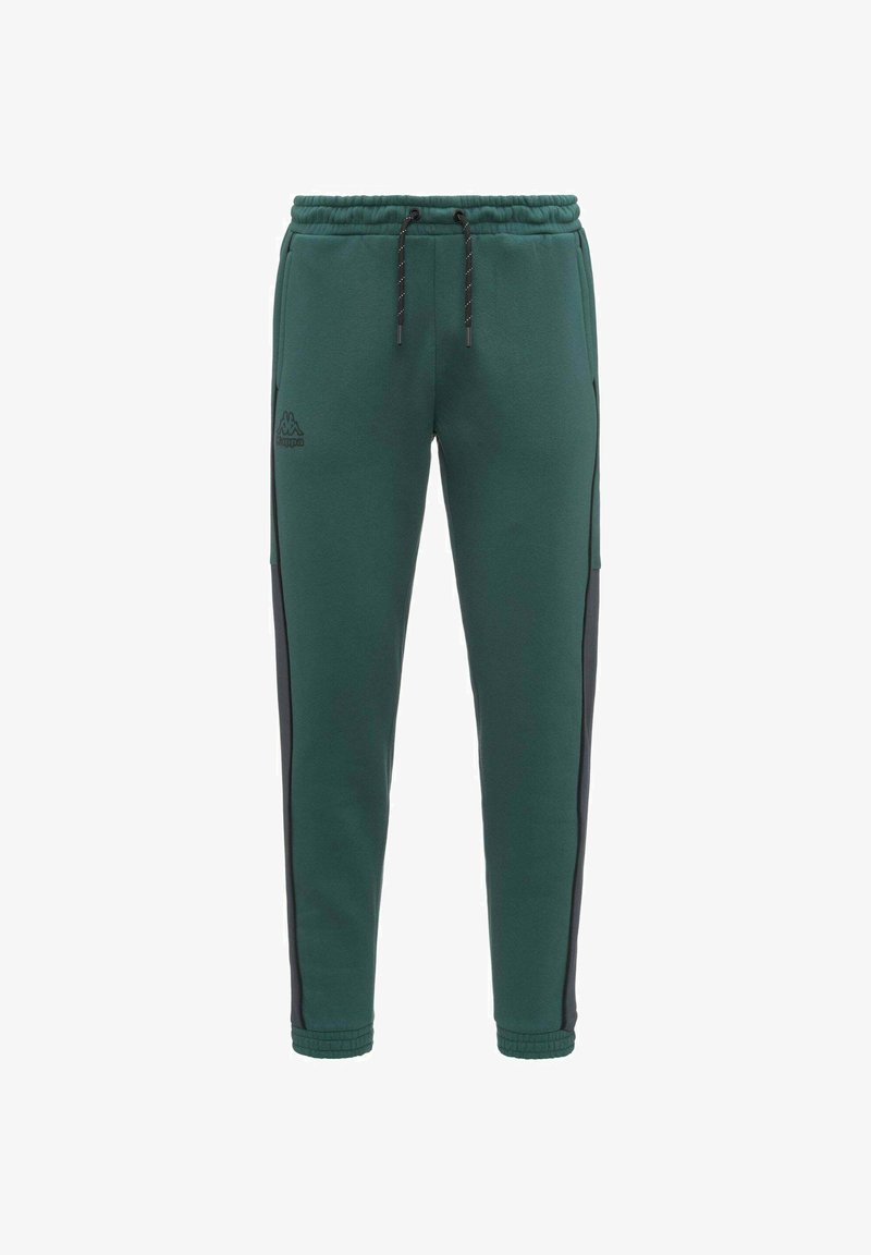 Pantaloni della tuta verdi con pannelli laterali neri, vita elastica e cordoncino. Presenta il logo Kappa sulla parte anteriore, realizzato in materiale morbido.