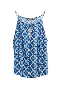 Top sin mangas de patrón azul y blanco con escote redondo, tirantes ajustables, cierre de botones y un ajuste relajado.
