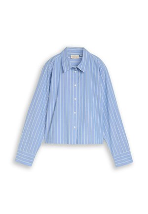 Lichtblauw overhemd met lange mouwen, witte verticale strepen en een klassieke kraag, plat uitgespreid op een witte achtergrond.