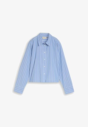 Lichtblauw overhemd met lange mouwen, witte verticale strepen en een klassieke kraag, plat uitgespreid op een witte achtergrond.