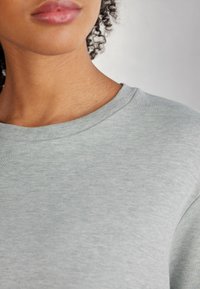Hellgrauer Sweatshirt mit rundem Halsausschnitt, weichem Baumwollmaterial und glatter Textur. Verfügt über ein einfaches, klassisches Design ohne Verzierungen.