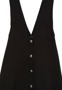 Robe noire avec un décolleté en V profond, dotée de boutons en argent sur le devant. Fabriquée en tissu lisse avec un design ajusté.