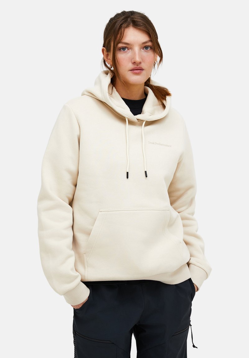 Beige Kapuzenpullover mit Kängurutasche, Kordelzugkapuze und gesticktem Logo. Verfügt über eine weiche Textur und gerippte Bündchen.