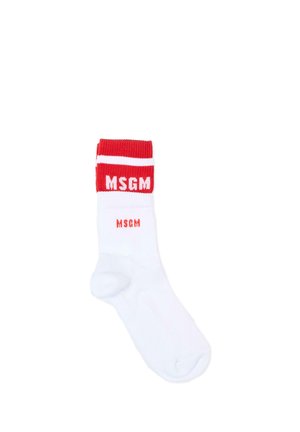 Calzino bianco da uomo con risvolto rosso decorato da strisce bianche e logo "MSGM" in rosso sulla caviglia e in bianco sul risvolto.