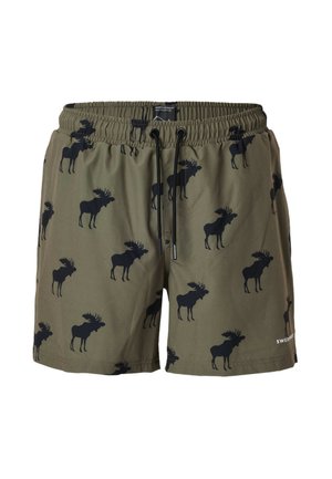 Olivgrüne Badeshorts mit elastischem Bund und überall gedruckten schwarzen Elch-Silhouetten, ausgestattet mit einem schwarzen Zugband.