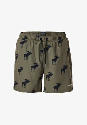 Costume da bagno verde oliva con vita elastica e silhouette nere di alci stampate ovunque, con cordoncino nero.