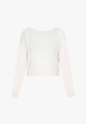 Pull en cachemire de couleur crème, avec un motif de point de câble, un col large et des manches longues. Texture douce avec un ourlet à côtes.