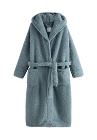 Long blue-gray hooded fleece coat with belt and two front patch pockets, designed for warmth and comfort.