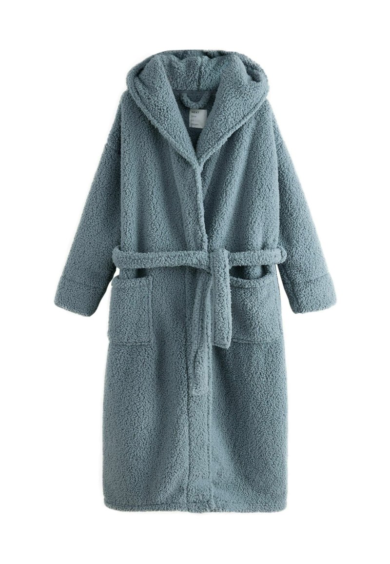 Langer, blau-grauer Fleece-Mantel mit Kapuze, Gürtel und zwei aufgesetzten Taschen vorne, entworfen für Wärme und Komfort.