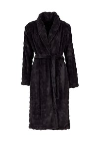 Sort badekåbe i imiteret pels med sjalskrave, lange ærmer og bindebælte i samme materiale. Har en tekstureret, blød overflade.