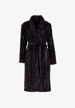 Zwarte nep-bont badjas met een sjaalkraag, lange mouwen en een ceintuur om zelf te knopen. Heeft een getextureerde, pluche afwerking.
