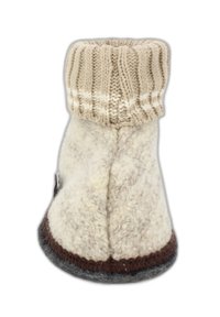 Wollen slipper, crème kleur met een geribbelde beige gebreide boord, grijze zool en bruine accenten; zachte textuur, ronde vorm, casual design.