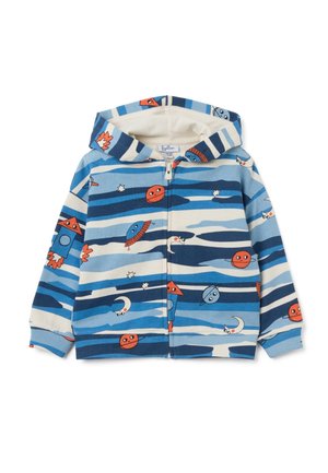 Blaues Zip-Hoodie mit weißem Innenfutter, versehen mit einem Muster aus Planeten, Raketen und Monden auf einem gestreiften Hintergrund. Baumwollmaterial.