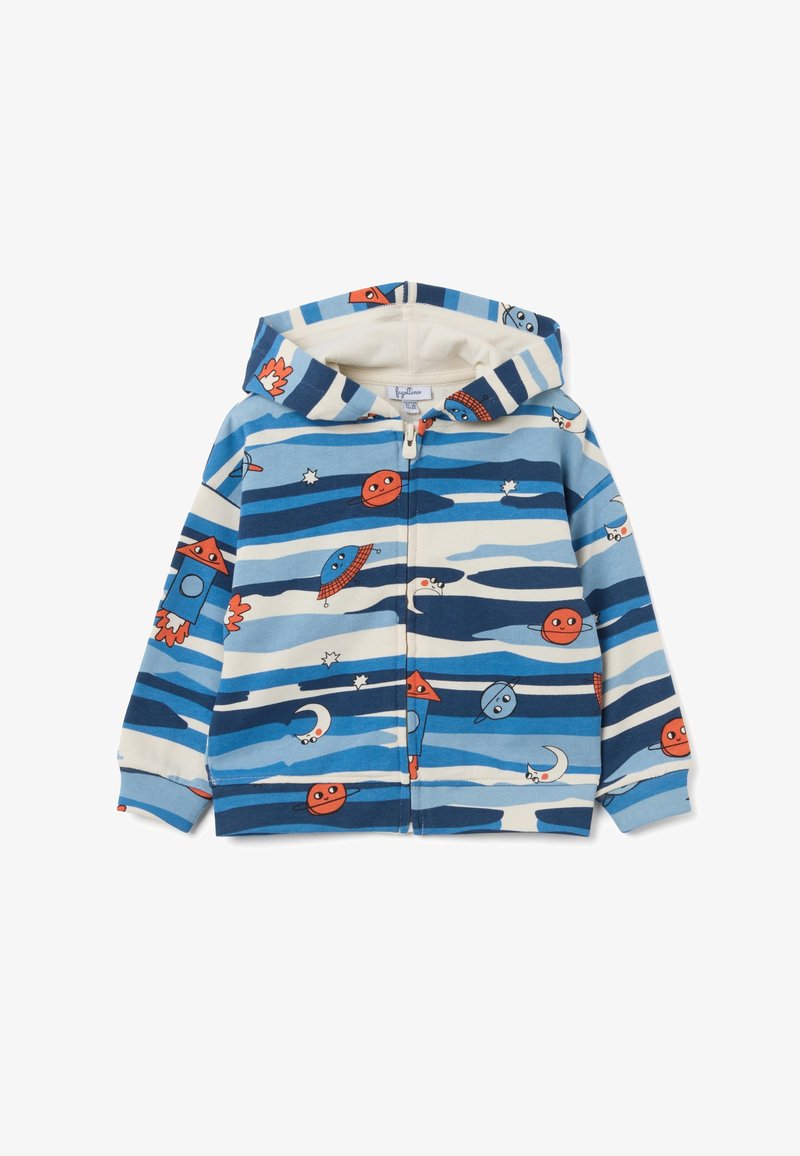 Felpa con zip blu con interno bianco, caratterizzata da un motivo di pianeti, razzi e lune su uno sfondo a righe. Materiale in cotone.