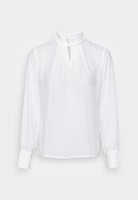 Witte blouse met lange mouwen, hoge kraag en een keyhole detail bij de halsline. Gemaakt van een gladde, lichte stof met geplooide accenten.