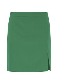 Fustă mini verde cu o textură netedă, având o croială dreaptă și o fanta pe lateral pentru un detaliu suplimentar. Design simplu, fără ornamente.