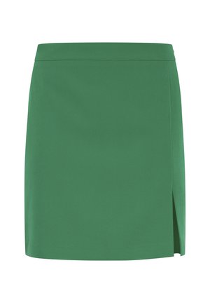 Zelená mini sukně s hladkým povrchem, s rovnou siluetou a bočním rozparkem pro zajímavý detail. Jednoduchý, nepřizdobený design.