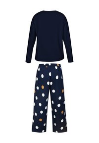 Granatowa bluzka z długim rękawem i krótkie spodnie w wzór w kropki w kolorze białym i pomarańczowym. Miękka tkanina z elastycznym pasem.