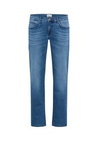 Jeans blu dritti con tasche frontali e posteriori, chiusura con bottone e dettagli sbiaditi intorno alle cosce e alle ginocchia.