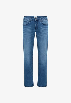 Blå straight-leg jeans med for- og baglommer, knaplukning og diskret slidte detaljer omkring lårene og knæene.
