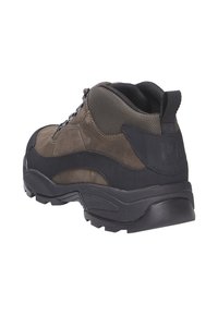 Donkerbruine wandelschoenen met een gestructureerde bovenkant, zwarte rubberen zool en een gevoerde kraag. Bevat duurzame veters en een verstevigd achtertab.