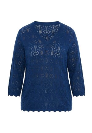 Sininen V-kaula-aukollinen villapaita 3/4-hihalla, jossa on herkkä avoin neulottu geometrinen kuvio ja reunat hihansuissa sekä helmassa, joissa on aaltoileva reuna.