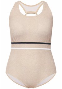 Beige étuit badedragt med tekstureret stof, racerback-stropper og vandrette sorte og hvide accentbånd ved taljen.