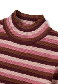 Rippstrick Rollkragenoberteil mit horizontalen Streifen in verschiedenen Schattierungen von Pink, Braun und Burgunderrot. Weicher Stoff mit tailliertem Design.