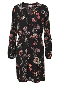 Schwarzes Blumenkleid mit mehrfarbigen Blumenprints, einem Rüschenausschnitt, langen Ärmeln und einem verstellbaren Taillengurt für eine figurbetonte Passform.