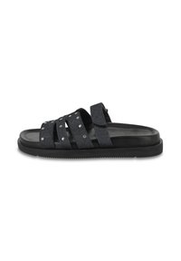 Black slide sandals with four textured fabric straps, featuring silver studs. The sole is flat and made from rubber for comfort.