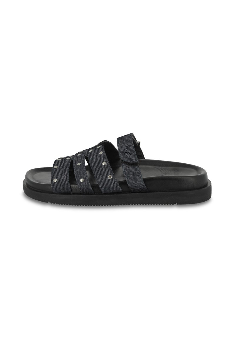 Black slide sandals with four textured fabric straps, featuring silver studs. The sole is flat and made from rubber for comfort.