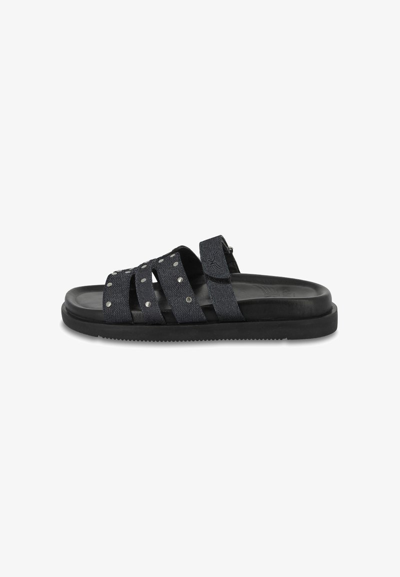 Black slide sandals with four textured fabric straps, featuring silver studs. The sole is flat and made from rubber for comfort.
