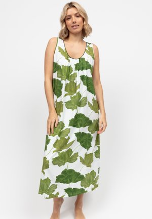 Mouwloze maxi-jurk van witte stof met groene bladerenprint. Losse pasvorm met een ronde halslijn, reikt onder de enkels.