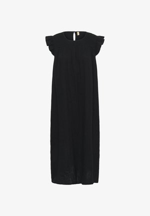 Schwarzes knöchellanges Kleid mit kurzen, gerafften Ärmeln, rundem Ausschnitt mit gerafften Details und kleinem Rückenverschluss mit Knopf.