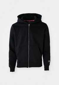 Sort zip-up hættetrøje lavet af en bomuldsblanding. Har en frontlomme, snørelukket hætte og ribbede manchetter. Simpelt design med minimale detaljer.