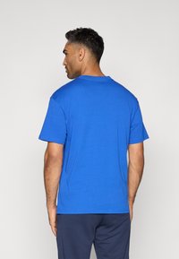 Blå bomulds t-shirt med korte ærmer og en rund halsudskæring, vist fra ryggen. Glat tekstur, afslappet pasform og uden mønstre.