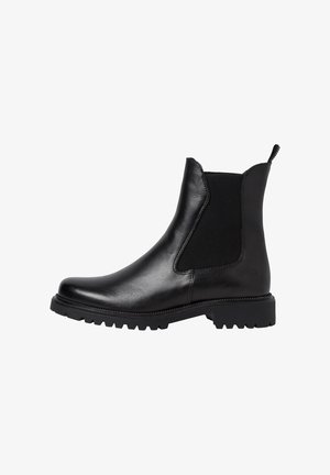 Bottines Chelsea en cuir noir avec des panneaux élastiques sur les côtés, une languette de tirage et une semelle en caoutchouc robuste avec des motifs pour une bonne adhérence. Design et finition élégants.