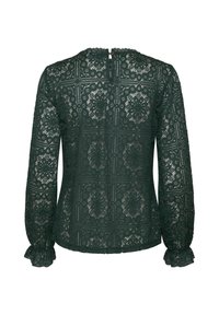 Blusa verde in pizzo con maniche lunghe, motivo floreale, chiusura a occhiello sul retro e polsini arricciati. Tessuto sottile, testurizzato e semi-trasparente.