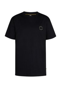 Zwarte katoenen T-shirt met korte mouwen, ronde hals en een klein logo op de borst. Zachte textuur en normale pasvorm.