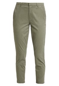 Spodnie oliwkowe wykonane z mieszanki bawełny, z bocznymi akcentami z ćwiekami, wąskim kroju oraz zwężanymi nogawkami o gładkiej fakturze.