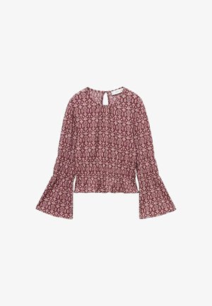 Bluză bordo cu un model floral, mâneci lungi tip clopot, talie strânsă și detaliu de gât în formă de cheie. Material ușor, cu o textură netedă.
