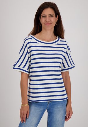Blauw-wit gestreepte korte mouwen tricot top met een brede halslijn en geribbelde textuur. Geschikt bij blauwe denim jeans.