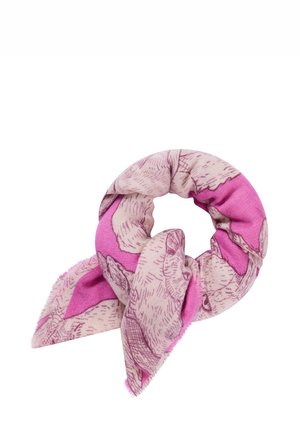 Sciarpa rosa con un motivo leggero e dettagli testurizzati, con estremità appuntite, realizzata in un morbido tessuto con un bordo leggermente sfilacciato.