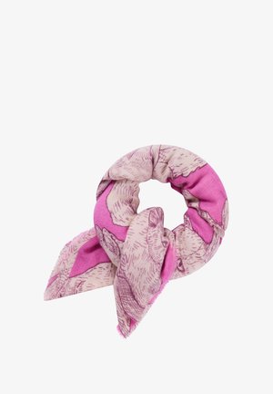 Écharpe rose avec un motif léger, des accents texturés et des extrémités pointues, fabriquée en tissu doux avec un bord délicatement effiloché.