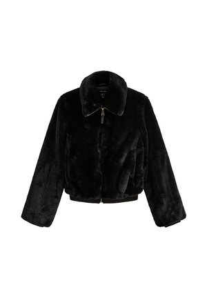 Zwarte nep bontjas met hoge kraag, ritssluiting en elastische zoom. Lange mouwen en een zachte, fluweelachtige textuur zijn opvallende kenmerken.