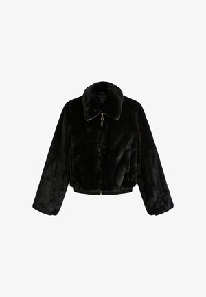 Zwarte nep bontjas met hoge kraag, ritssluiting en elastische zoom. Lange mouwen en een zachte, fluweelachtige textuur zijn opvallende kenmerken.