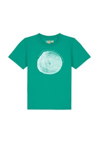 Teal katoenen t-shirt met een cirkelvormige boomringgrafiek in het wit, omringd door tekst in een speelse lettertype. Korte mouwen, ronde hals.