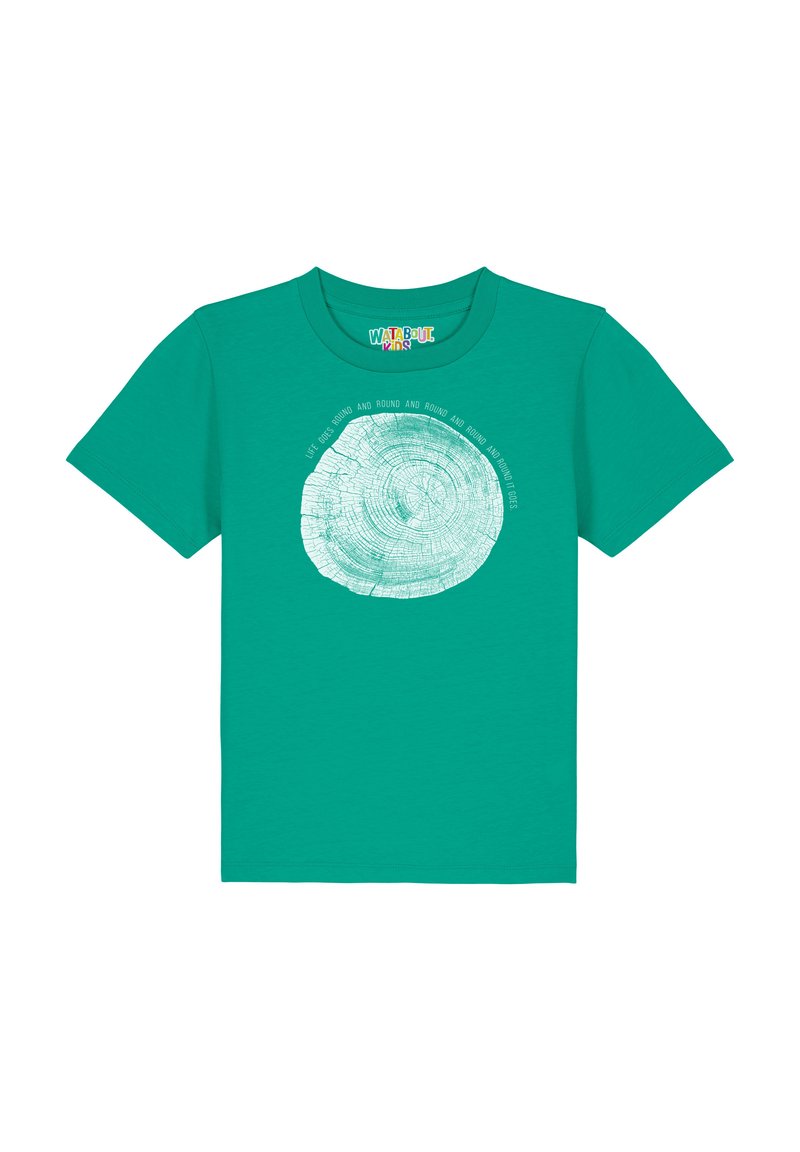 Teal katoenen t-shirt met een cirkelvormige boomringgrafiek in het wit, omringd door tekst in een speelse lettertype. Korte mouwen, ronde hals.
