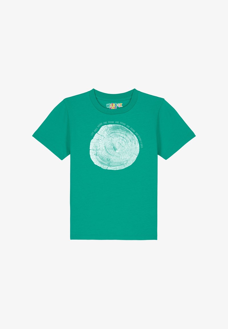 Teal katoenen t-shirt met een cirkelvormige boomringgrafiek in het wit, omringd door tekst in een speelse lettertype. Korte mouwen, ronde hals.