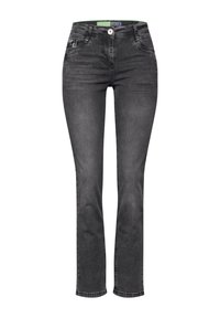 Jeans in denim nero con una vestibilità a gamba dritta, dotati di cinque tasche, chiusura frontale con bottone e dettagli di cucitura sottili sulle tasche.